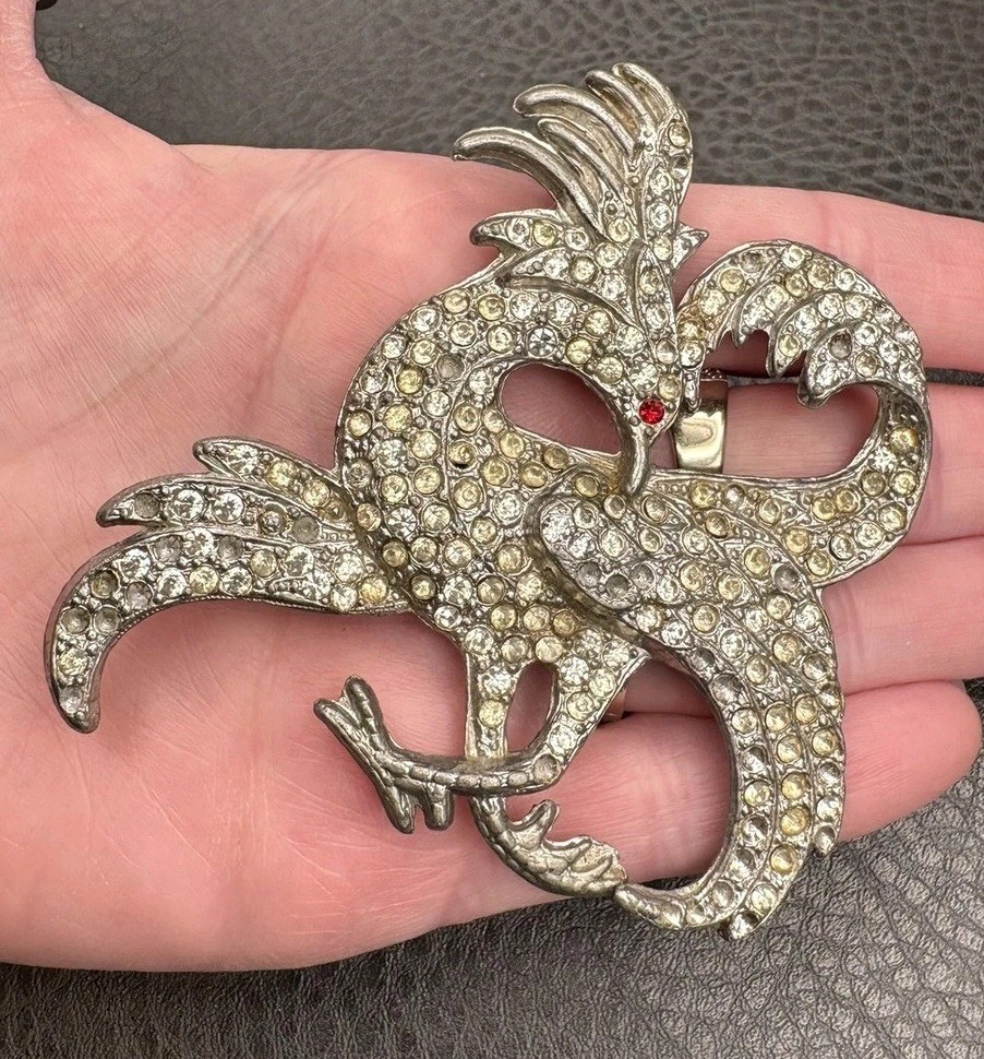 HUGE POT METAL Art Deco Phoenix Gryphon Bird Brooch Silver Tone Rhinestones READ