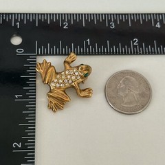 Vintage Clear Rhinestone Green Eyed Frog Gold Tone Brooch Pin