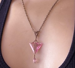 Vintage Necklace Art Nouveau Brass Pendant Antique Pink Czech Glass Drop