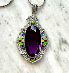 Deco Purple Glass & Multicolor Enamel Filigree Pendant Signed Helgen 17.75”Huge