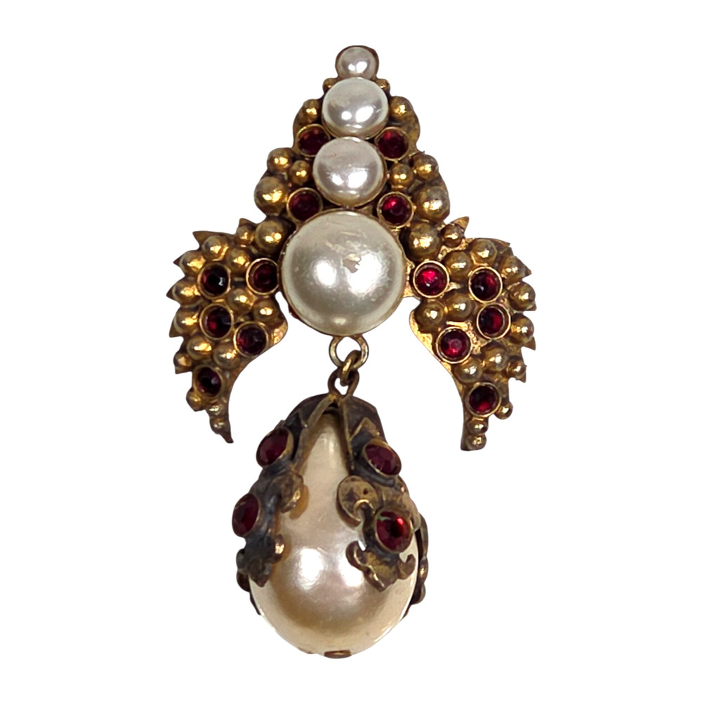 Henry Perichon Baroque Pearl Rhinestone Dangle Brooch Pendant France 1950s-1960s