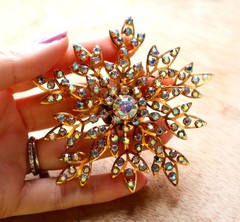 HUGE Vintage AB Glass Rhinestone Snowflake Brooch Articulated Gold Tone 3.5in