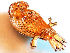 ENAMELED OWL BROOCH!Figural Bird Motif Pin.Pink & Clear Crystals.Gold Tone Set.