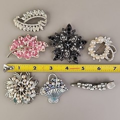 Vintage Rhinestone Brooch Lot of 7 Flower Leaf Basket Faux Pearls AB Blue Pink