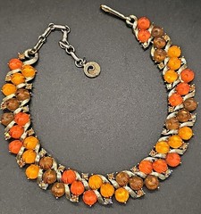 Lisner Thermoset Autumn Orange Amber Brown Pumpkins Necklace Rhinestones 50s