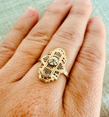 Antique Art Deco 10K Yellow Gold Diamond Filigree Ring Size 6