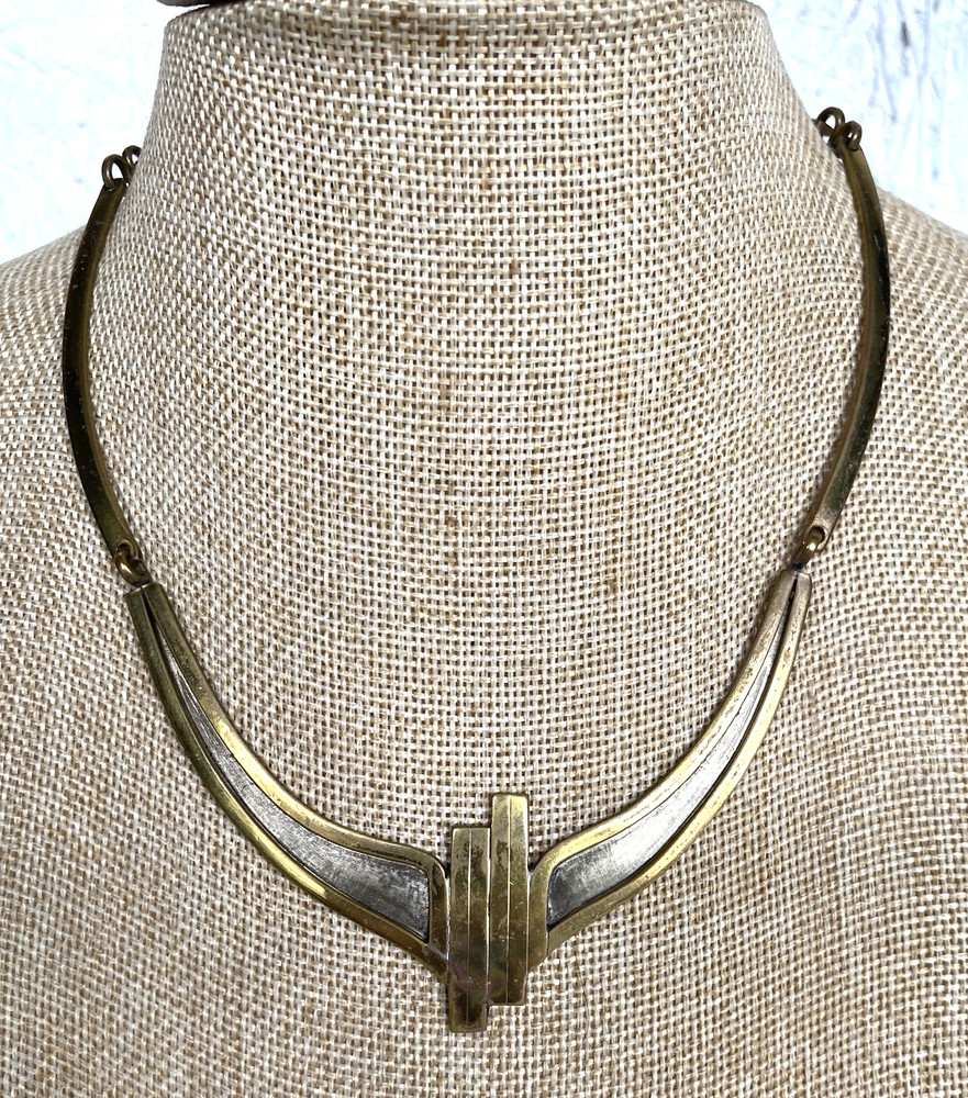 Vintage Artisan OOAK Brass and Silver Metal Torque Necklace, 17 inches