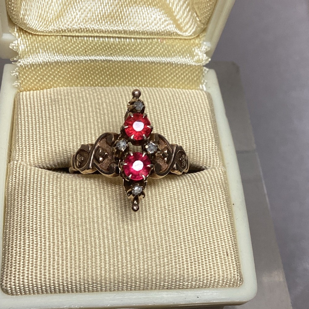 Antique Edwardian Rose Gold Ring 2 Red Zircons, 4 Diamonds Size 6.5