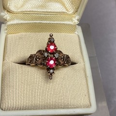 Antique Edwardian Rose Gold Ring 2 Red Zircons, 4 Diamonds Size 6.5