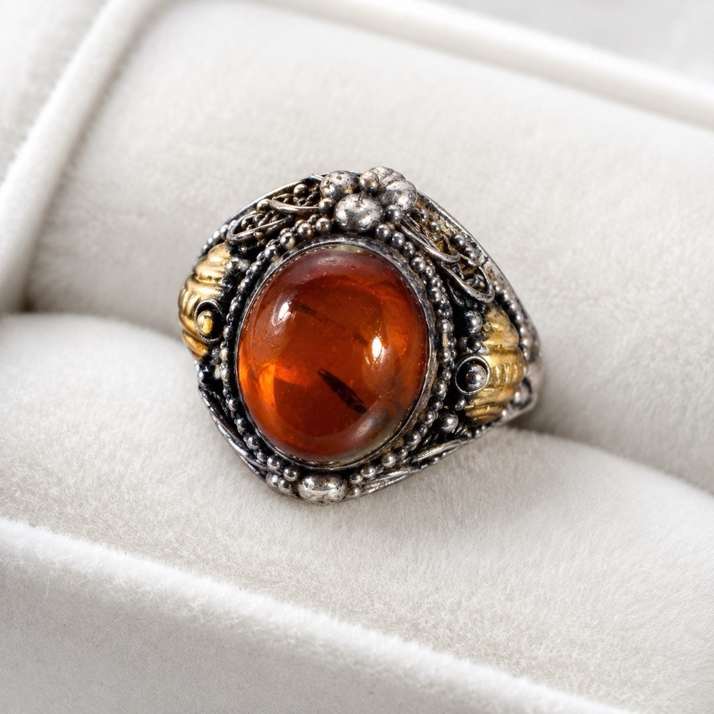 Vintage 925 Sterling Silver Genuine Amber Ring Cognac Cabochon Floral Sz 6.75
