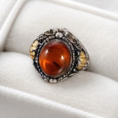 Vintage 925 Sterling Silver Genuine Amber Ring Cognac Cabochon Floral Sz 6.75