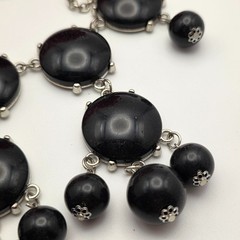 Vintage Black Cabochon Statement Necklace Silver Tone Bib Dangle 26 In Bold Y2K