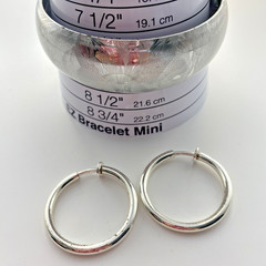3pc VTG Brushed Silver Bangle 8” Silver Tone Push Clip On Hoop Earrings