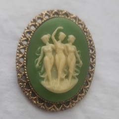 Vintage Cameo Brooch Green Beige Oval Gold-Tone Filigree Beauty Art Theme