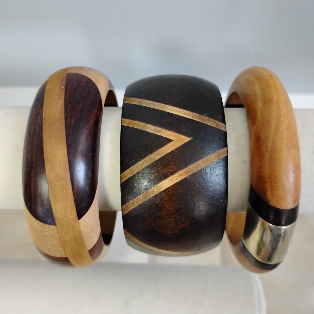 Vintage Inlay Wood Bangle Bracelets Chunky Lot Of 3 Sz 7.5-8