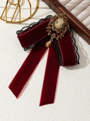 Vintage Cameo Brooch Burgundy Velvet Ribbon Bow Lace Pin Statement Jewelry