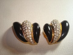 Vtg.St.JOHN LOT (2) EARRINGS OVAL TIGER’s EYE GOLD/T, BLACK ENAMEL RHINESTONES
