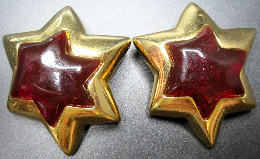 LES BERNARD Huge Red Inset Lucite Stars Vintage Clip Earrings