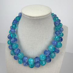 Vintage 1950s Mid-Century Blue Lucite Moonglow Double Strand Beaded Necklace