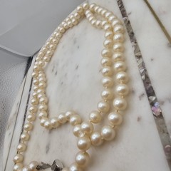 Vintage Glass Simulated Pearl Necklace 36in Hand Knotted Rhinestone Clasp Opera