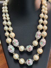 Hobe Double Strand Faux Pearl Venetian Wedding Cake Glass Bead Necklace 16-17”