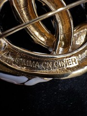 CINER FOR MMA Gold Tone Black White Enamel Coiled Snake Brooch White Rhinestones