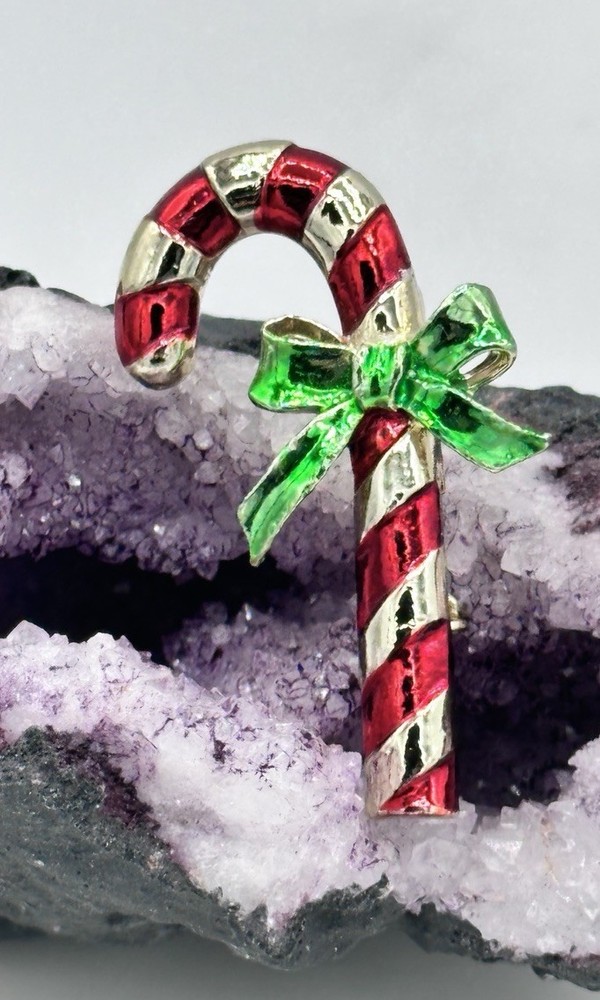 Vintage Gerry’s Candy Cane Brooch Pin Red White Enamel Green Bow Rhinestone