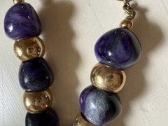 Vintage Chunky Bead Necklace Purple Stone Gold Tone Choker Heavy 15-16”