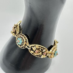 Vintage ART Arthur Pepper Gold Tone Bracelet Filigree Rhinestones Flowers Signed
