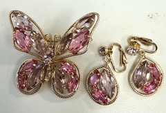 VTG Pink & Lavender Rhinestone Butterfly Brooch ,Clip-On Earrings Set,Gold Tone