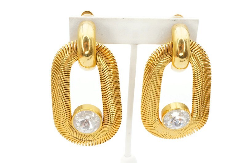 Vintage Clip On Earrings Gold Tone Rhinestone Chunky Flexible