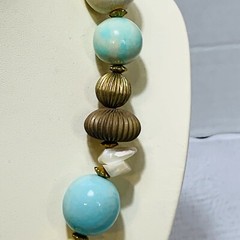 Vintage Designed By Paula Faux Necklace wood, plastic, metal & stone teal bronze
