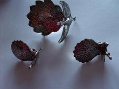 Vintage Sterlling Silver Siam Peacock Brooch/Pin & Earring Set