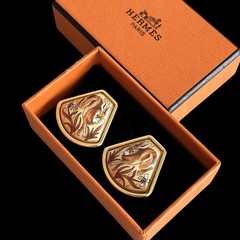 Hermes VTG Rabbit Motif Enamel Clip₋On Earrings Glod/Beige Cloisonne w/Box Used