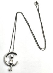 Crescent moon sitting kitty cat celestial sterling silver retro necklace