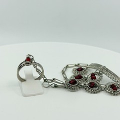 Vintage Y2K Silver Tone Red Glass Bead Slave Bracelet Ring Hand Chain Set Retro