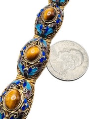 Vintage Chinese Export Gilt Silver Enamel Mesh Filigree Bracelet Tigers Eye Nice