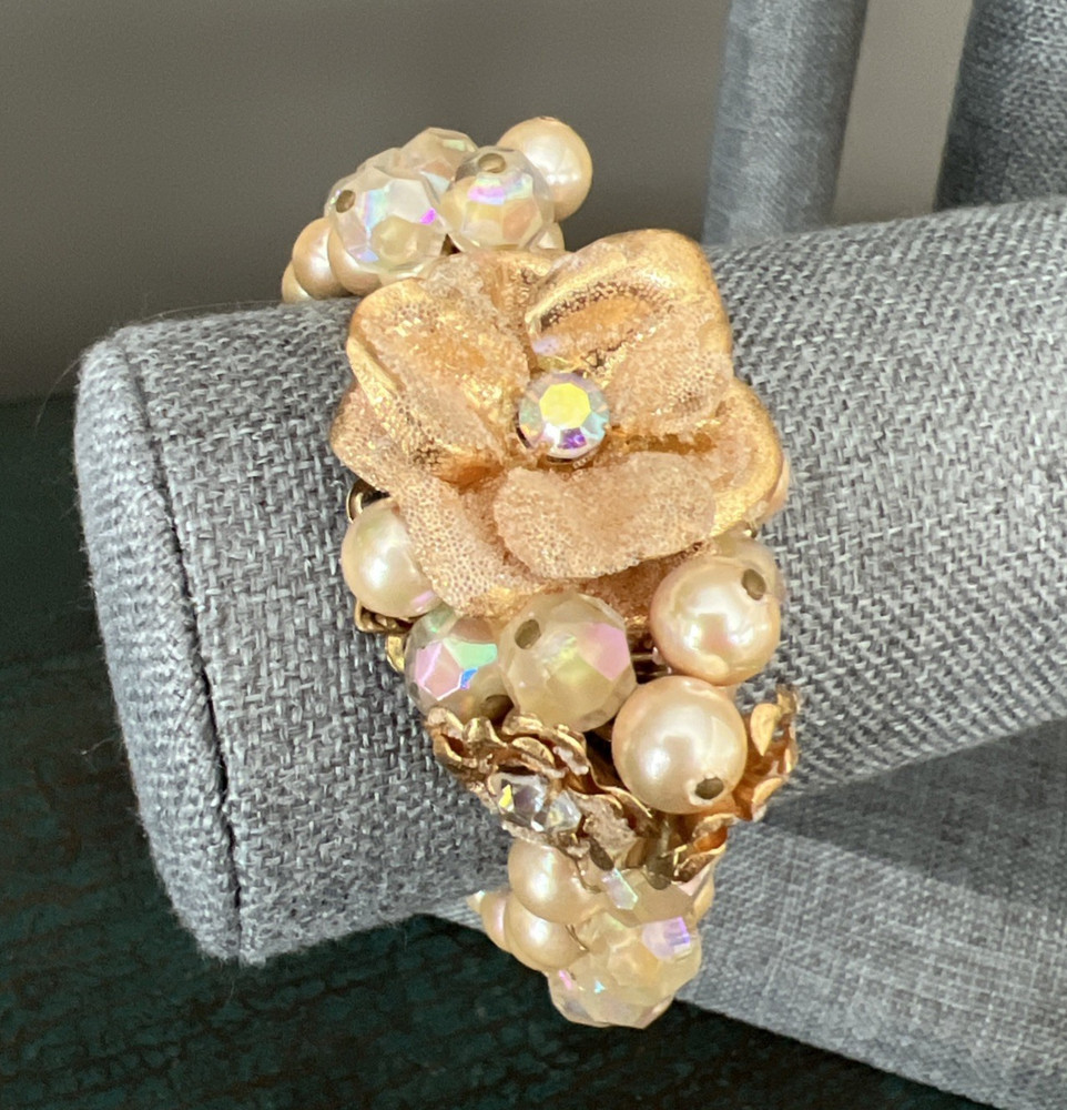 MIRIAM HASKELL FAUX PEARL CRYSTAL RHINESTONE FLOWER WRAP BRACELET / 2 STRAND