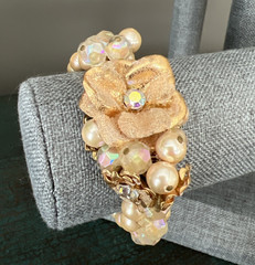 MIRIAM HASKELL FAUX PEARL CRYSTAL RHINESTONE FLOWER WRAP BRACELET / 2 STRAND