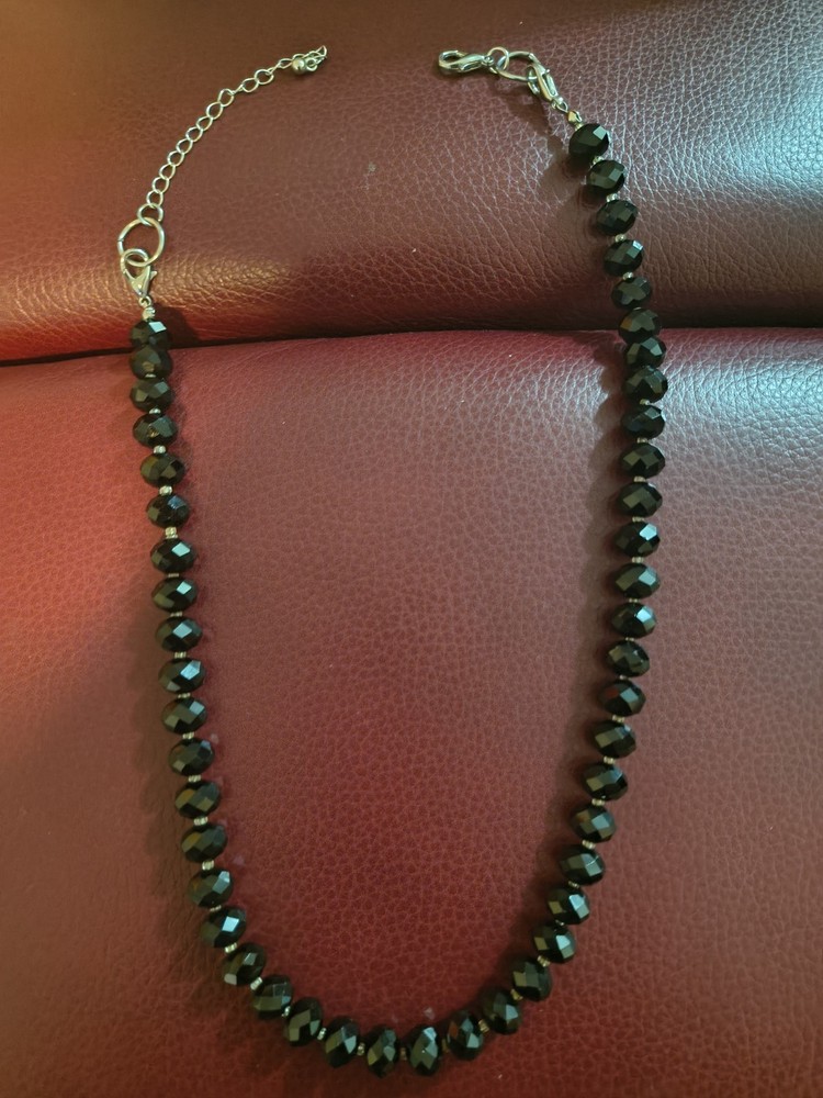 Vintage Black Faceted Glass Bead Choker Necklace Silver Tone Extender Chain
