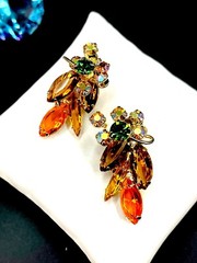 TARA BY JULIANA D&E ORANGE TOPAZ NAVETTE CRYSTAL AB RHINESTONE CLIP EARRINGS