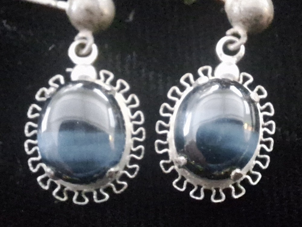 Vintage Blue Tiger’s Eye Sterling Silver Drop Pierced Earrings Marked See Photo