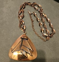 Vintage MCM DESIGNER Modernist COPPER Link Chain necklace pendant ABSTRACT JHook