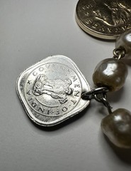 Vintage Handmade 7″ Coin Bracelet w/ 7 Coins Africa India 1947-1957 Faux Pearls