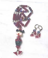 SALE! GEISHA LAMPWORK ART GLASS PENDANT VTG GLASS BEAD WIRE NECKLACE SET OOAK