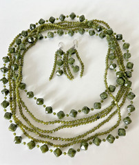 Vintage Long Lightweight Green Triple Beaded Necklace Earring Set