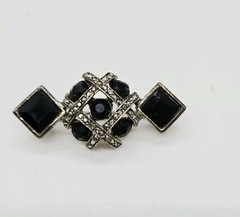 Art Deco Brooch Graziano Pin Silver tone Black White Crystal Vintage .75 in