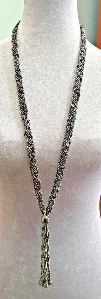 Black Bohemian Long Tassel Glass Seed Bead Braided Woven Necklace – 22.5 Inches