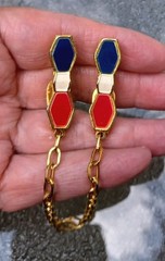 Vintage Red White Blue Enamel Hexagon Shape Gold Tone Sweater Clips Guard