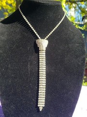VTG Silvertoned Neck Tie Shaped Necklace Pave Rhinestones 14″ Chain 5.5″Drop